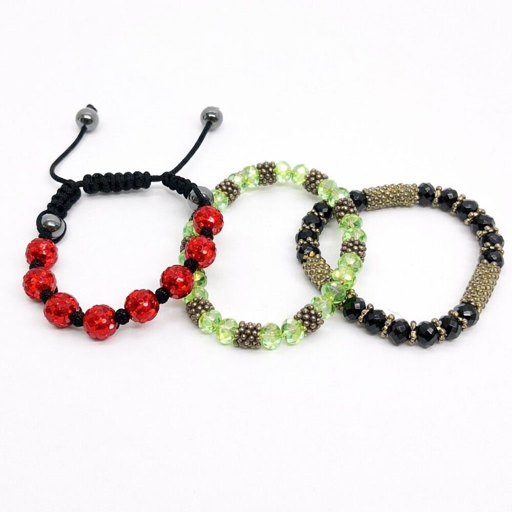 3 Pc Bundle Bracelet Crystal Beaded Stretch Shamballa Adjustable Stack Lot